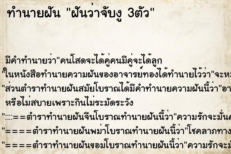 ทำนายฝันทำนายฝันฝันว่าจับงู3ตัว